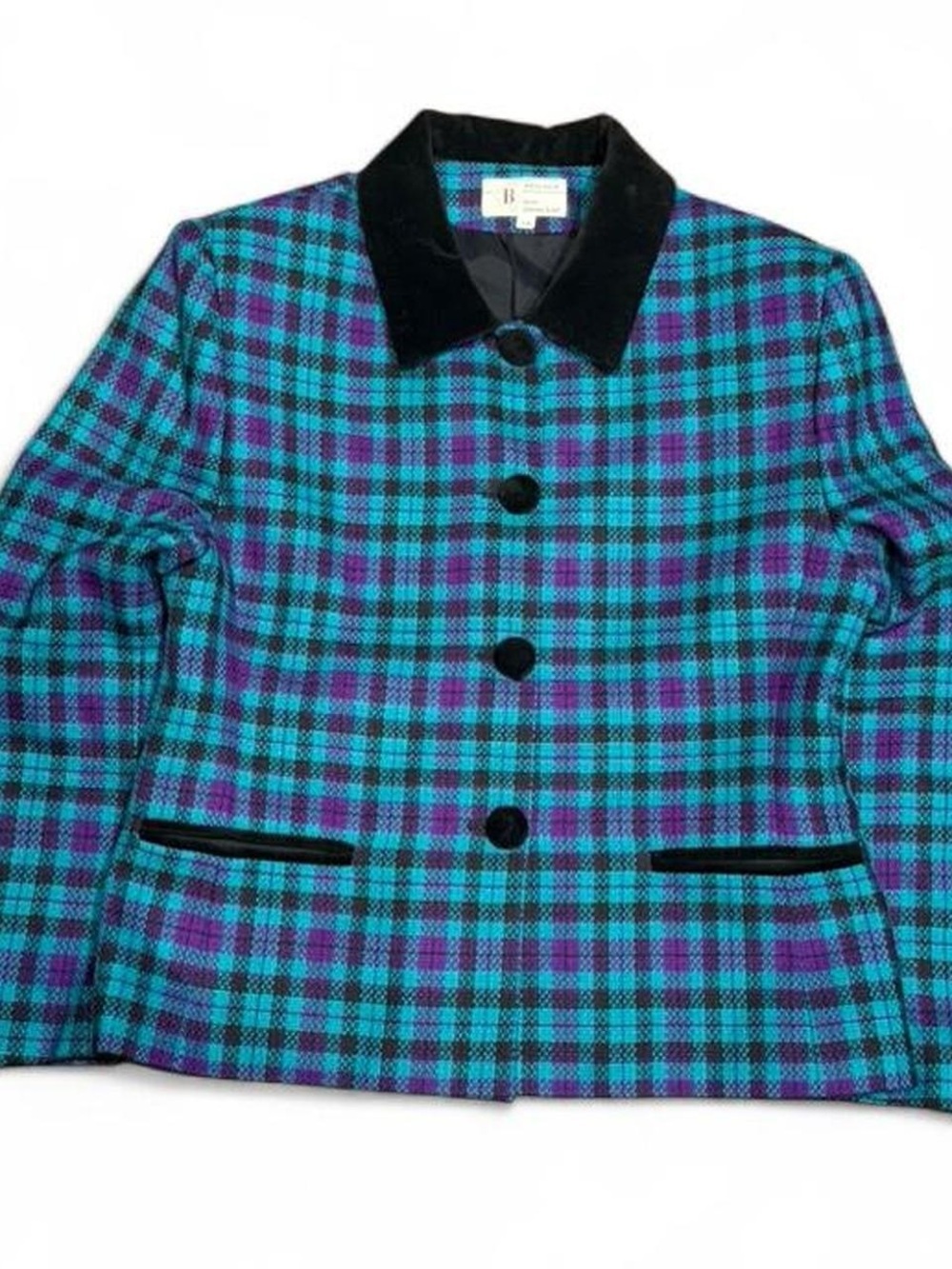 Vintage 90s Jeremy Scott Braemar Plaid Wool Padded Cropped Blazer Made in Canada